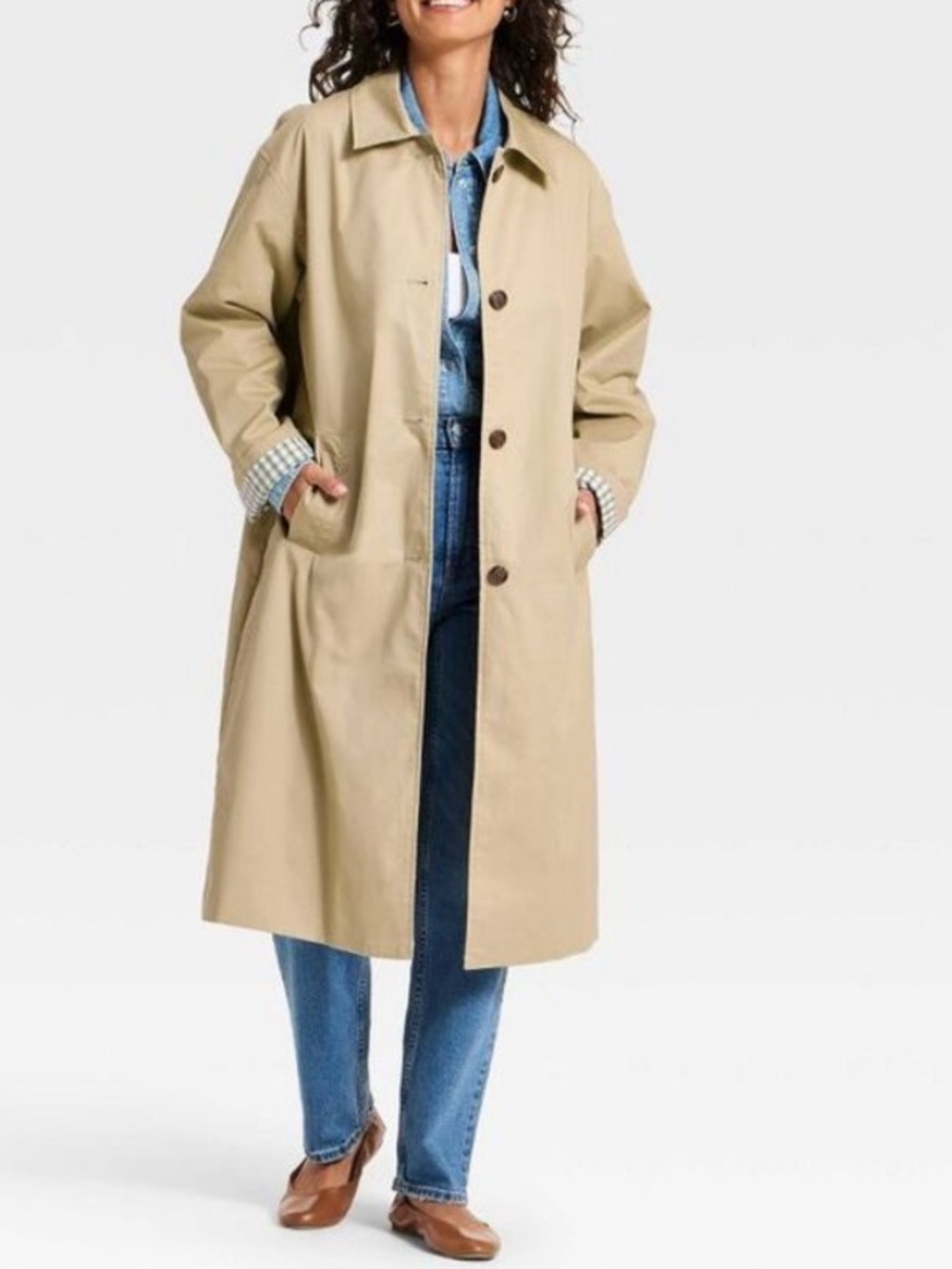 Universal Thread Trench Coat Beige w/Olive Plaid Lining Sz Large L NEW windbreak